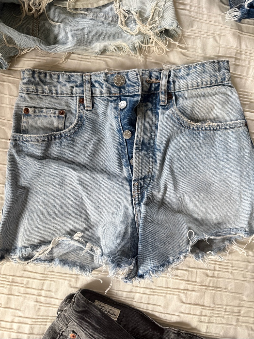 Zara Light Blue Button-Fly Distressed Denim Shorts